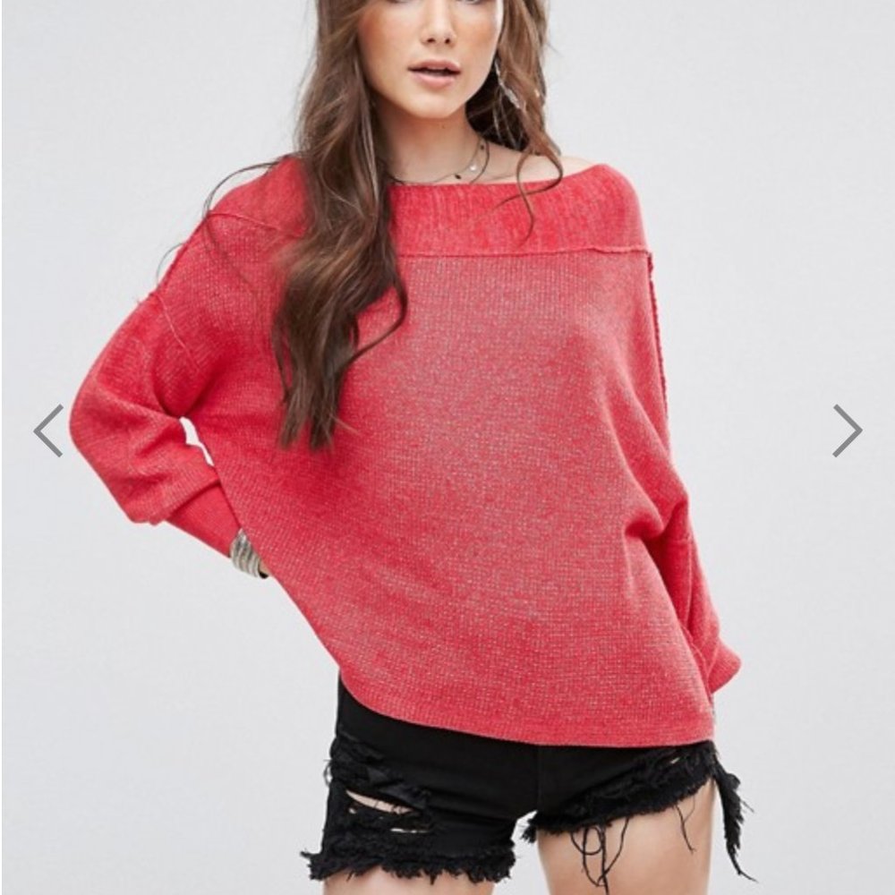 Free People Red Off The Shoulder Knit Sweater
